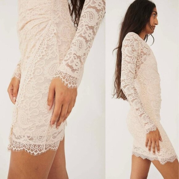 NEW Free People Pearl Lace Long Sleeve Faux Wrap Fitted Mini Dress Ivory - Picture 5 of 16